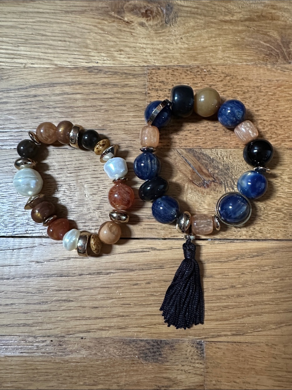 Set of 2 Large Blue and Brown Beaded Tassel Bracelet Set